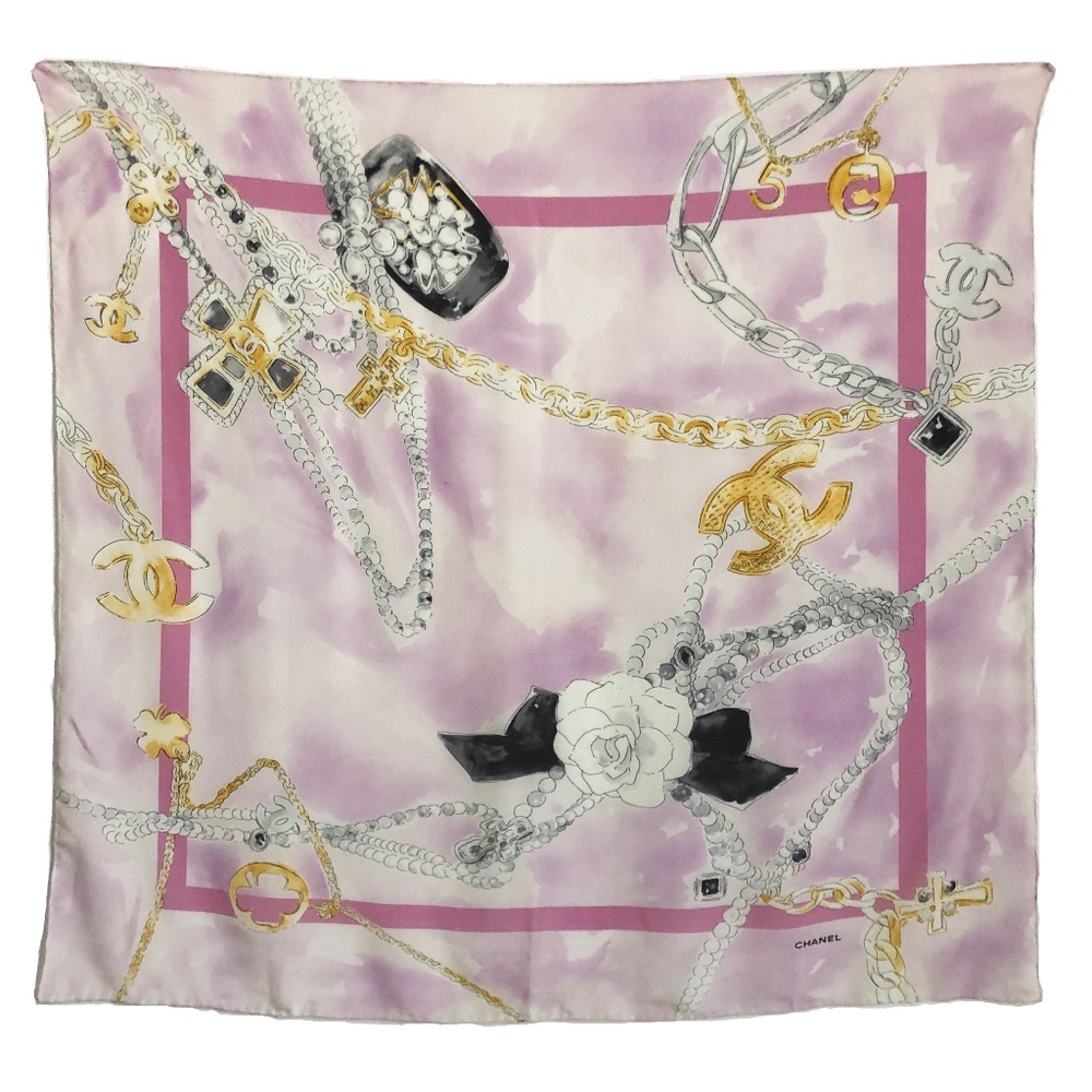 Chanel Silk Scarf Shawl Bijoux Jewelry CC Logo Pearls Pink 34in Vintage + COA